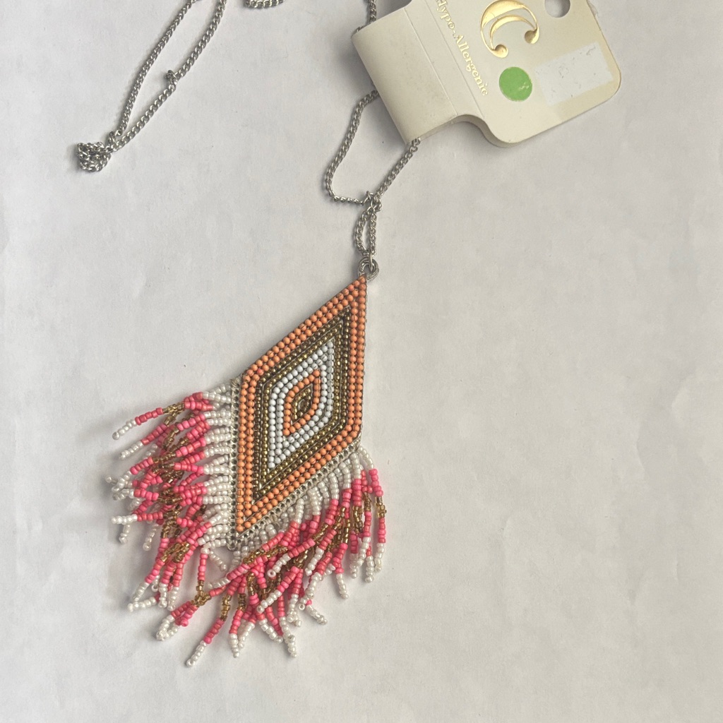 Charming Charlie Beaded Fringe Long Pe Necklace With Pink And Orange Accents